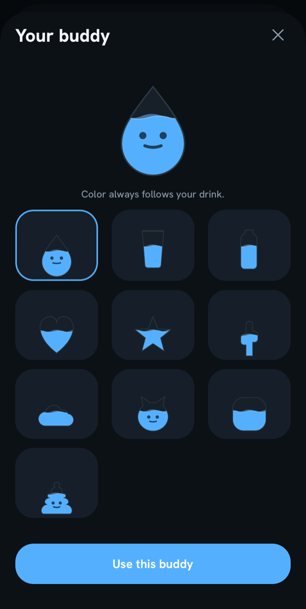 Buddy picker in dark mode: drop, glass, bottle, heart, star, cactus, cloud, cat and more