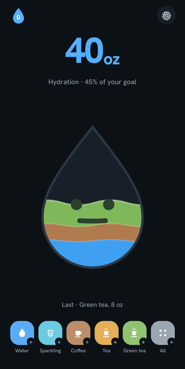 Dewey home screen in dark mode: the drop buddy filled with stacked bands of water, coffee, and green tea