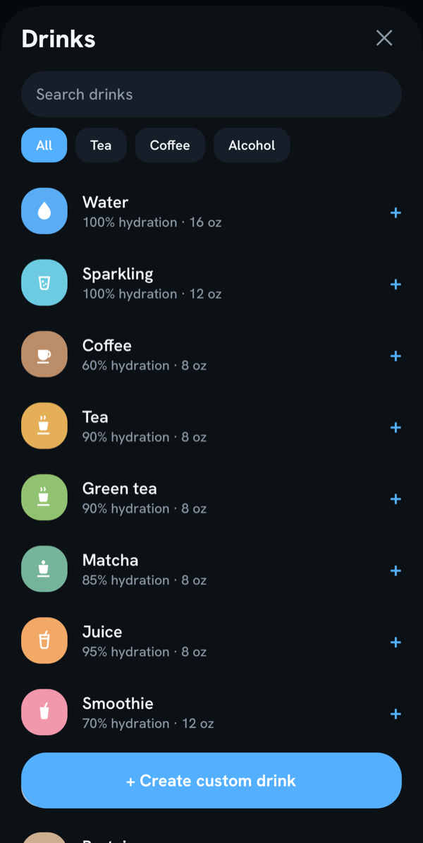 Drink library in dark mode with hydration percentages for each beverage