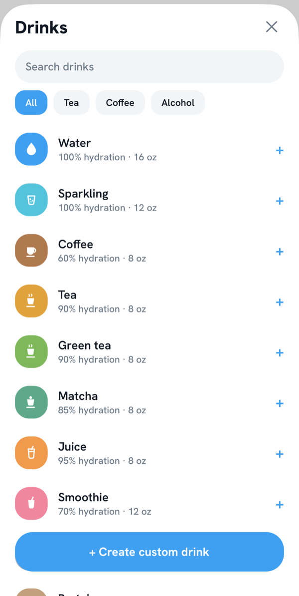 Drink library with hydration percentages for each beverage
